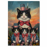 Mother Black and White Tuxedo Cat with Three Kittens in Patriotic Outfits and Hats in a Sunset Flower Field Scene on Ready to Hang 1.5" Thick Canvas Wrap, Floating Framed Canvas, Flat Rolled Canvas